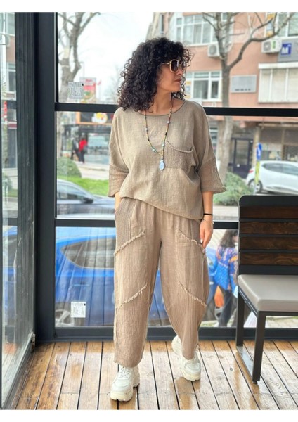 Kadın Oversize Keten Bluz Kolları ve Eteği File Detaylı Cepli Oversize %100 Pamuk fırsatları