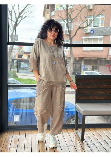 Kadın Oversize Keten Bluz Kolları ve Eteği File Detaylı Cepli Oversize %100 Pamuk indirimleri