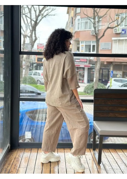 Kadın Oversize Keten Bluz Kolları ve Eteği File Detaylı Cepli Oversize %100 Pamuk