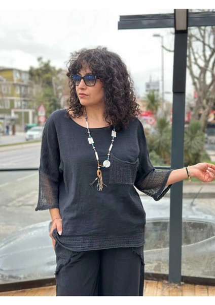 Kadın Oversize Keten Bluz Kolları ve Eteği File Detaylı Cepli Oversize %100 Pamuk