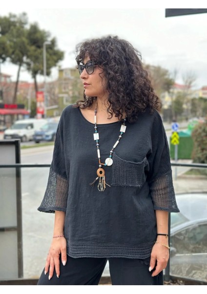 Kadın Oversize Keten Bluz Kolları ve Eteği File Detaylı Cepli Oversize %100 Pamuk fiyatları