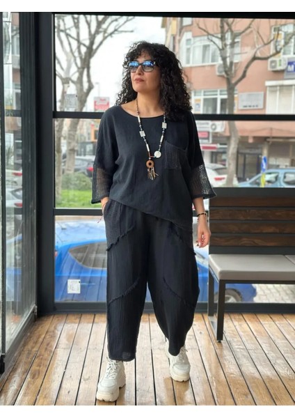 Kadın Oversize Keten Bluz Kolları ve Eteği File Detaylı Cepli Oversize %100 Pamuk modelleri