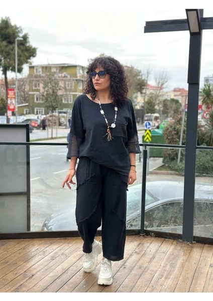 Kadın Oversize Keten Bluz Kolları ve Eteği File Detaylı Cepli Oversize %100 Pamuk fırsatları