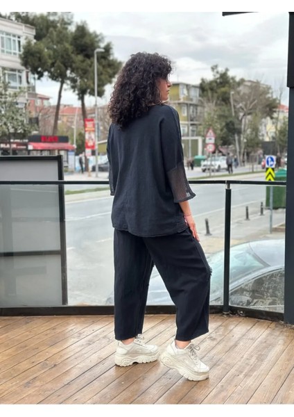 Kadın Oversize Keten Bluz Kolları ve Eteği File Detaylı Cepli Oversize %100 Pamuk