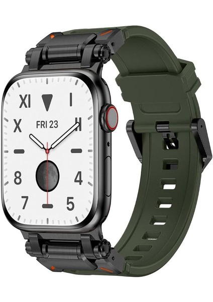 Ile Uyumlu Watch 42MM KRD-101 Titanyum Metal Başlıklı Silikon Kordon Siyah-Yeşil