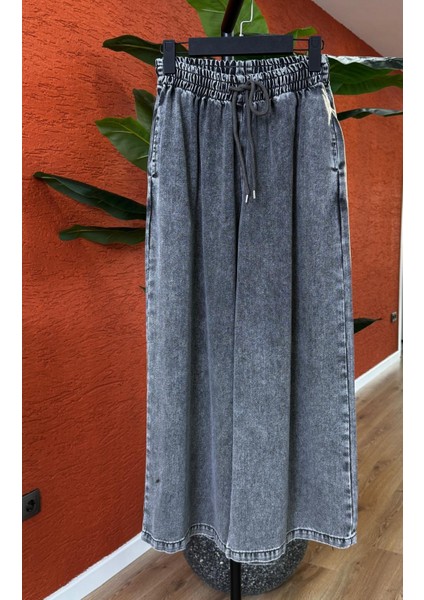 Kadın Tencel Bol Paça Etekli Kot Pantolon-Antrasit