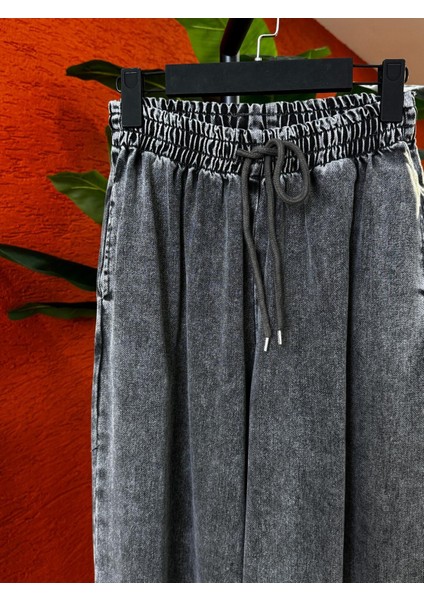 Kadın Tencel Bol Paça Etekli Kot Pantolon-Antrasit fiyatları
