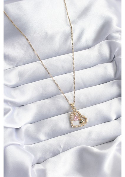 316L Çelik Gold Renk Zincir Zirkon Taşlı Kalp Model Kadın Kolye fiyatları