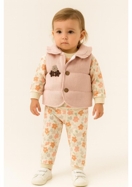 Kız Bebek Çiçek Desenli 3’lü Takım – Sweatshirt, Pantolon ve Yelek 5131P modelleri