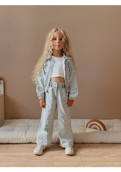 Kız Çocuk Çiçek Desenli Kot Ceket ve Pantolon Takımı – 2’li Denim Set 6002 fırsatları