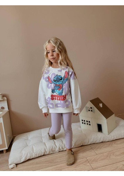 Kız Çocuk Stitch Baskılı Sweatshirt ve Pantolon 2’li Takım - Lila 4039 fiyatları