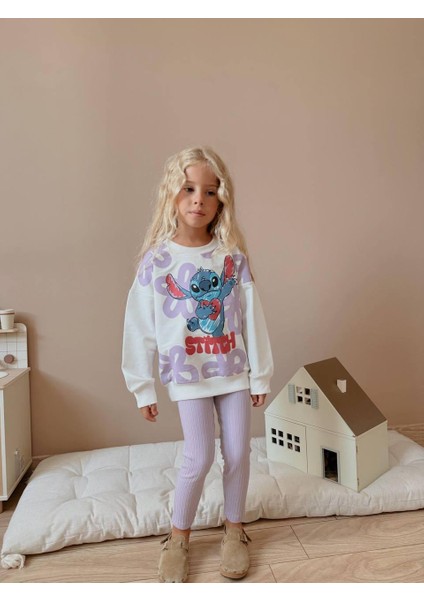 Kız Çocuk Stitch Baskılı Sweatshirt ve Pantolon 2’li Takım - Lila 4039 modelleri