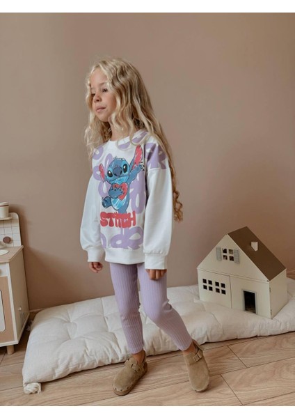 Kız Çocuk Stitch Baskılı Sweatshirt ve Pantolon 2’li Takım - Lila 4039 indirimleri