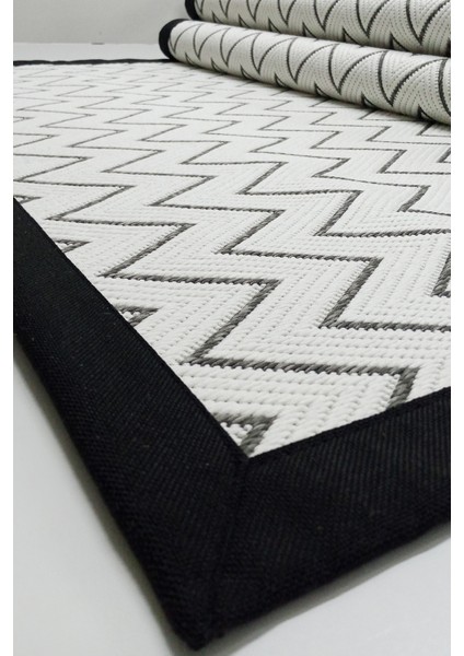 Jüt Sisal Canvas 0438B Antrasit- Beyaz Özel Bordür Dikimli Jüt Sisal