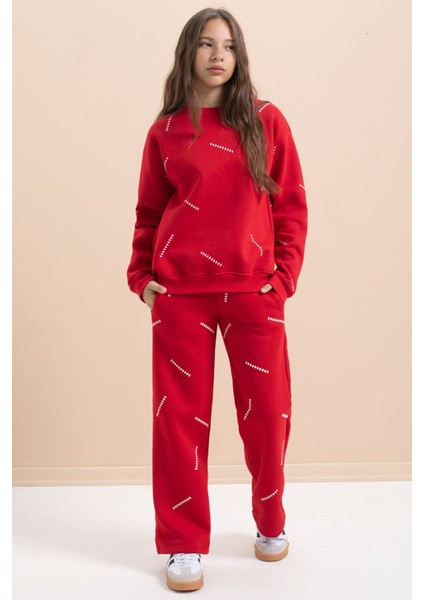 Kırmızı Kız Çocuk Desenli 3 Iplik Şardonlu Geniş Paça Eşofman Takımı 22645