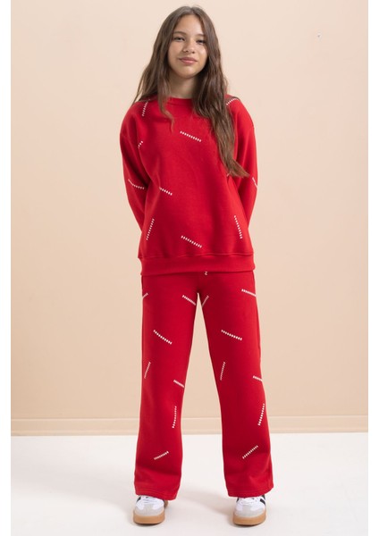 Kırmızı Kız Çocuk Desenli 3 Iplik Şardonlu Geniş Paça Eşofman Takımı 22645 modelleri