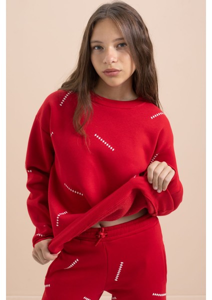 Kırmızı Kız Çocuk Desenli 3 Iplik Şardonlu Geniş Paça Eşofman Takımı 22645 fırsatları