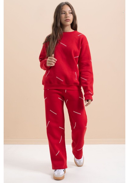 Kırmızı Kız Çocuk Desenli 3 Iplik Şardonlu Geniş Paça Eşofman Takımı 22645 indirimleri