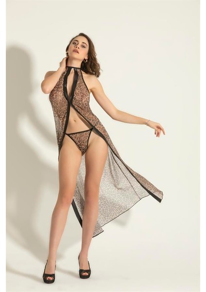 Fantezi Transparan Elbise, String Takım Leopar (BRF6172)