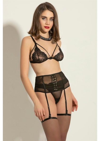 Fantezi Üçgen Sütyen Jartiyer Takım Siyah (BRF6402)