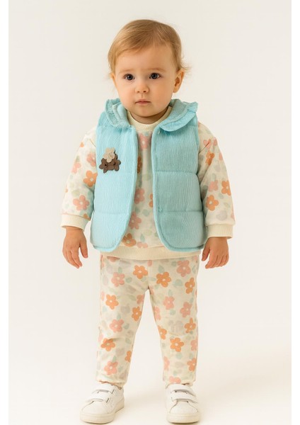 Kız Bebek Çiçek Desenli 3’lü Takım – Sweatshirt, Pantolon ve Yelek 5131Y fiyatları
