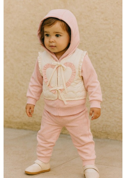 Kız Bebek Kalpli Kapüşonlu Eşofman Takımı + Şişme Yelek 3’lü Kombin 25104 modelleri