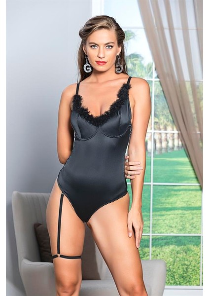 Saten Bacak Bantlı Çıtçıtlı Badi Siyah (BRF11490)