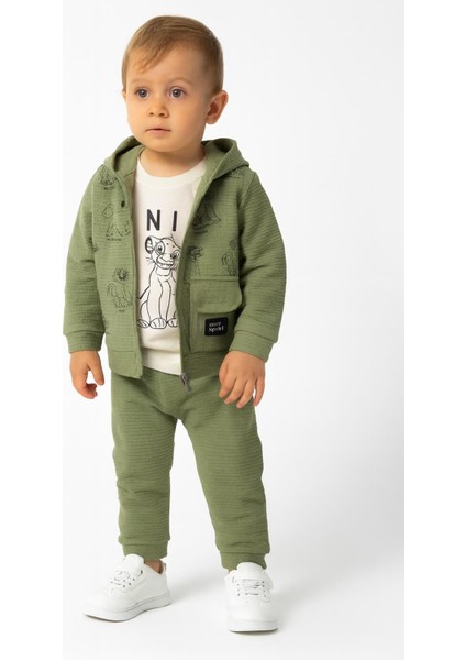 Erkek Bebek Kapüşonlu 3’lü Takım – Yeşil Eşofman Alt Üst + Baskılı Tişört 7156Y