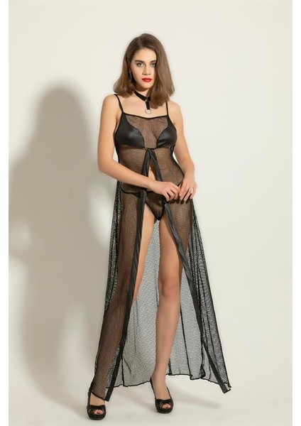 Fantezi File Elbise, String Takım Siyah (BRF6092)