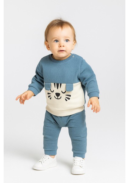 Erkek Bebek 2’li Takım – Mavi Kaplan Desenli Sweatshirt ve Pantolon 07191 fırsatları