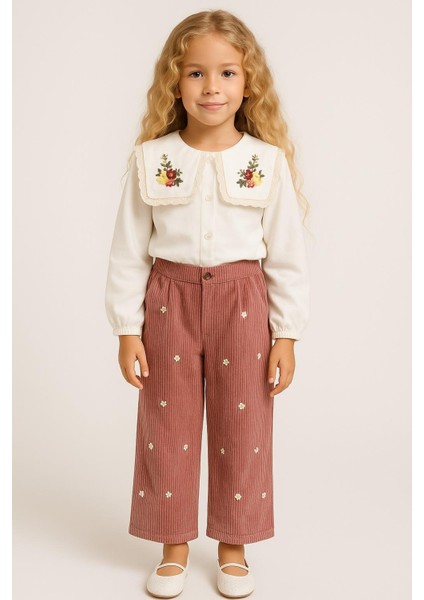 Kız Çocuk Dantel Yaka Nakışlı Gömlek ve Desenli Pantolon Takımı 6004P
