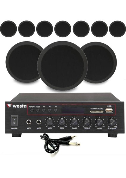 10’lu Siyah Tavan Hoparlorlu 100V Ses Sistemi Paketi | Kafe, Mağaza ve Ofis Müzik Sistemi