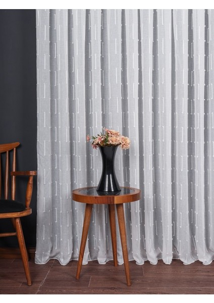 Minimal Çizgili Ekru Keten Tül Perde | Modern ve Zarif Görünüm (1/3 Sık Pile)