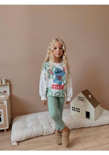 Kız Çocuk Stitch Baskılı Sweatshirt ve Pantolon 2’li Takım - Mint Yeşili 4039 indirimleri