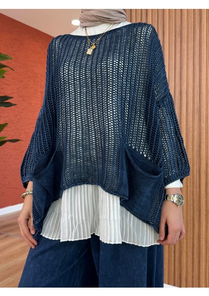 Kadın Pamuk Fileli Bluz-Lacivert