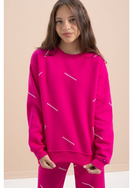 Fuşya Kız Çocuk Desenli 3 Iplik Şardonlu Geniş Paça Eşofman Takımı 22646 modelleri
