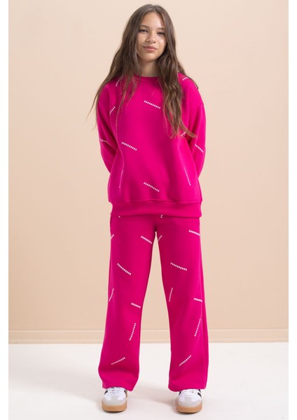 Fuşya Kız Çocuk Desenli 3 Iplik Şardonlu Geniş Paça Eşofman Takımı 22646 fırsatları