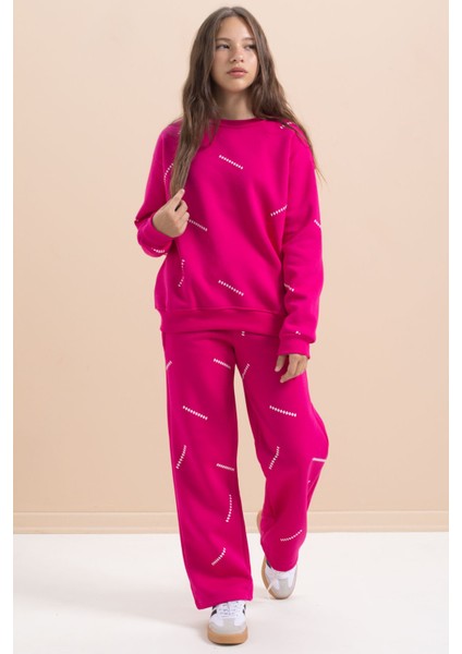 Fuşya Kız Çocuk Desenli 3 Iplik Şardonlu Geniş Paça Eşofman Takımı 22646 indirimleri