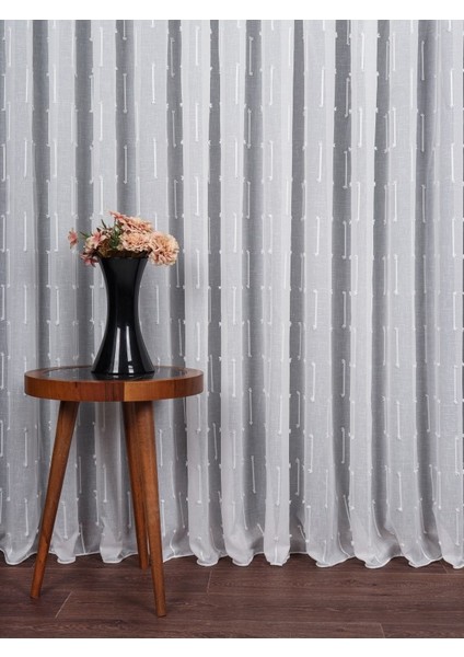 Minimal Çizgili Ekru Keten Tül Perde | Modern ve Zarif Görünüm (1/3 Sık Pile)