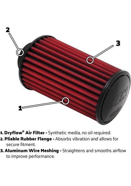 Aem Dryflow Evrensel Hava Filtresi 21-2157DK | Konik, 70MM Flanş, Yıkanabilir, Performans fırsatları
