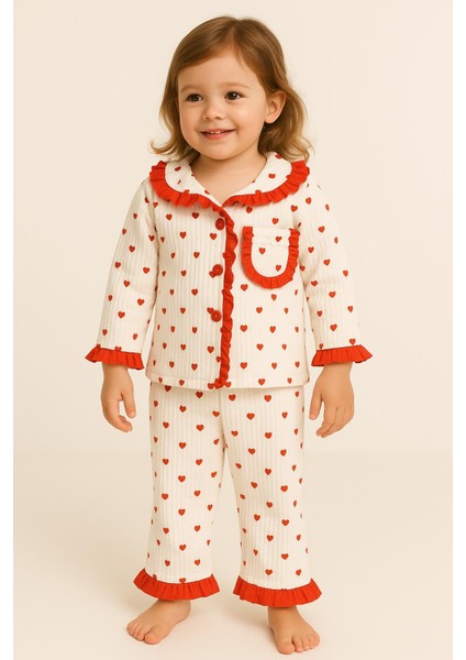 Kız Çocuk Kalpli Kırmızı Fırfırlı Pijama Takımı 09530 fırsatları