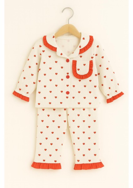 Kız Çocuk Kalpli Kırmızı Fırfırlı Pijama Takımı 09530 indirimleri