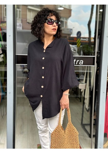Kadın Gömlek Oversize Hakim Yaka Yarasa Kol Premium Keten Kumaş %100 Pamuk
