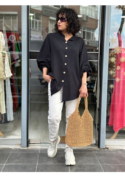 Kadın Gömlek Oversize Hakim Yaka Yarasa Kol Premium Keten Kumaş %100 Pamuk indirimleri