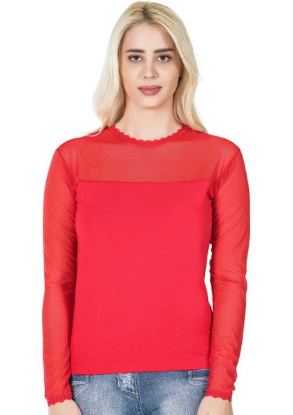 Uzun Kol Transparan Yaka Kadın Tişört 293