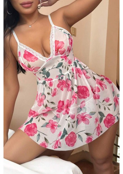 Pembe Çiçek Desenli Dantel Detaylı Gecelik 15706