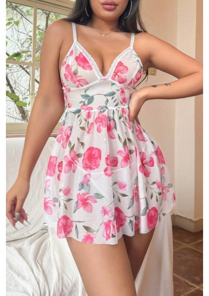 Pembe Çiçek Desenli Dantel Detaylı Gecelik 15706 modelleri