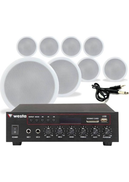 8’li Beyaz Tavan Hoparlorlu 100V Ses Sistemi Paketi | Kafe, Mağaza ve Ofis Müzik Sistemi