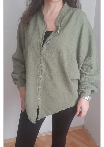 Kadın Gömlek Oversize Hakim Yaka Yarasa Kol Premium Keten Kumaş %100 Pamuk