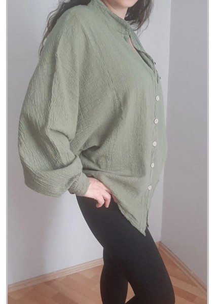 Kadın Gömlek Oversize Hakim Yaka Yarasa Kol Premium Keten Kumaş %100 Pamuk fırsatları